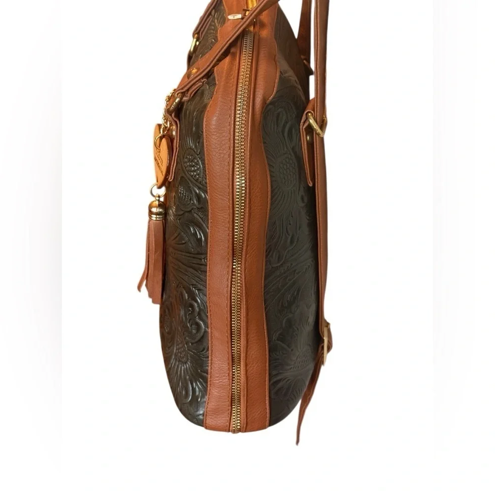 I Love Artesanal Embossed Faux Leather Backpack Forrest Green W Heart & Tassel